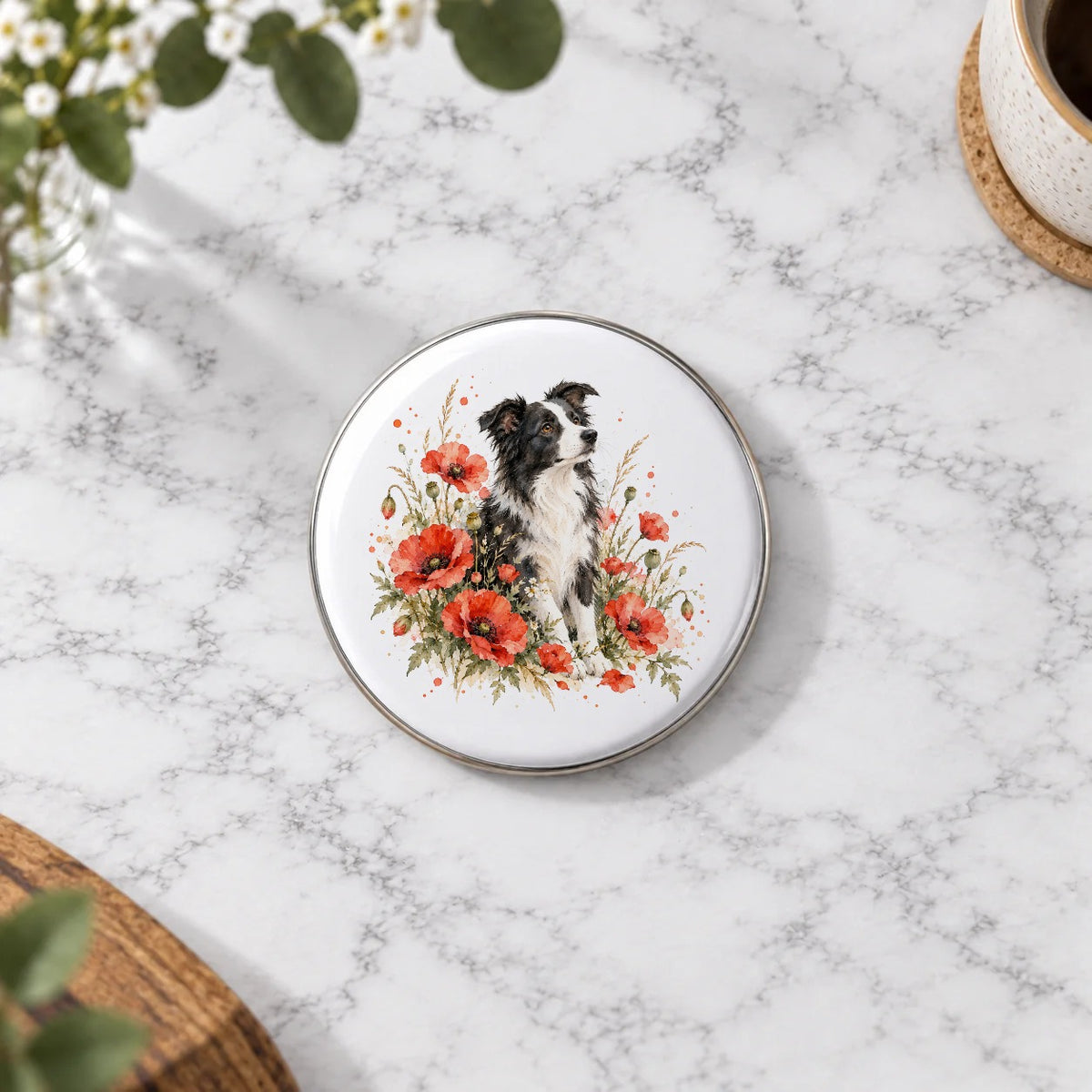 Border Collie Among Scarlet Poppies Greeting Card – Large Badge