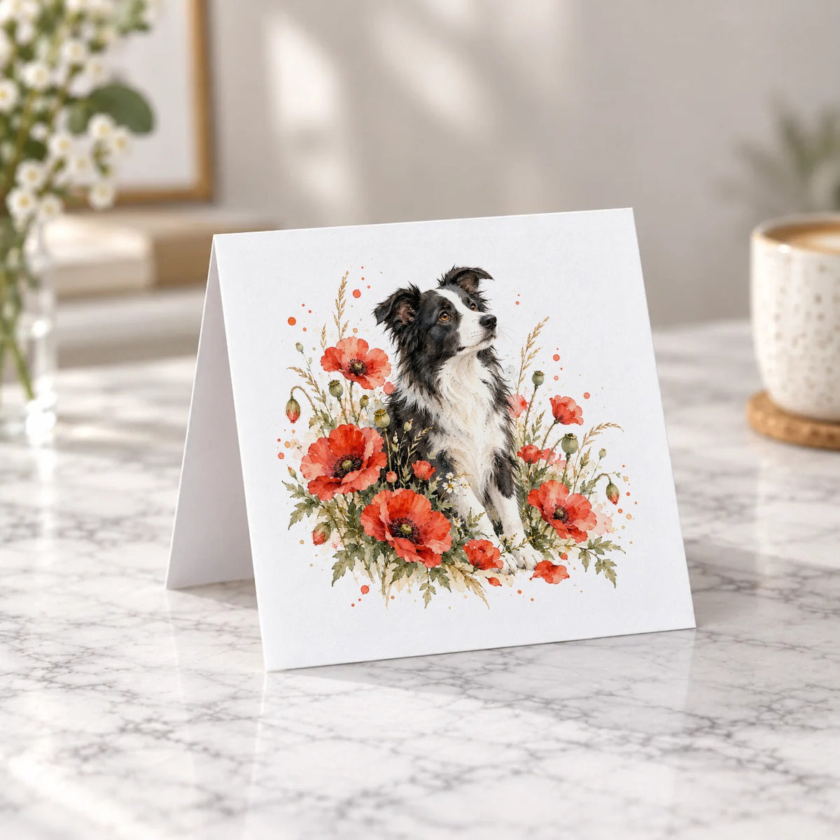 Border Collie Among Scarlet Poppies Greeting Card – Tent Fold