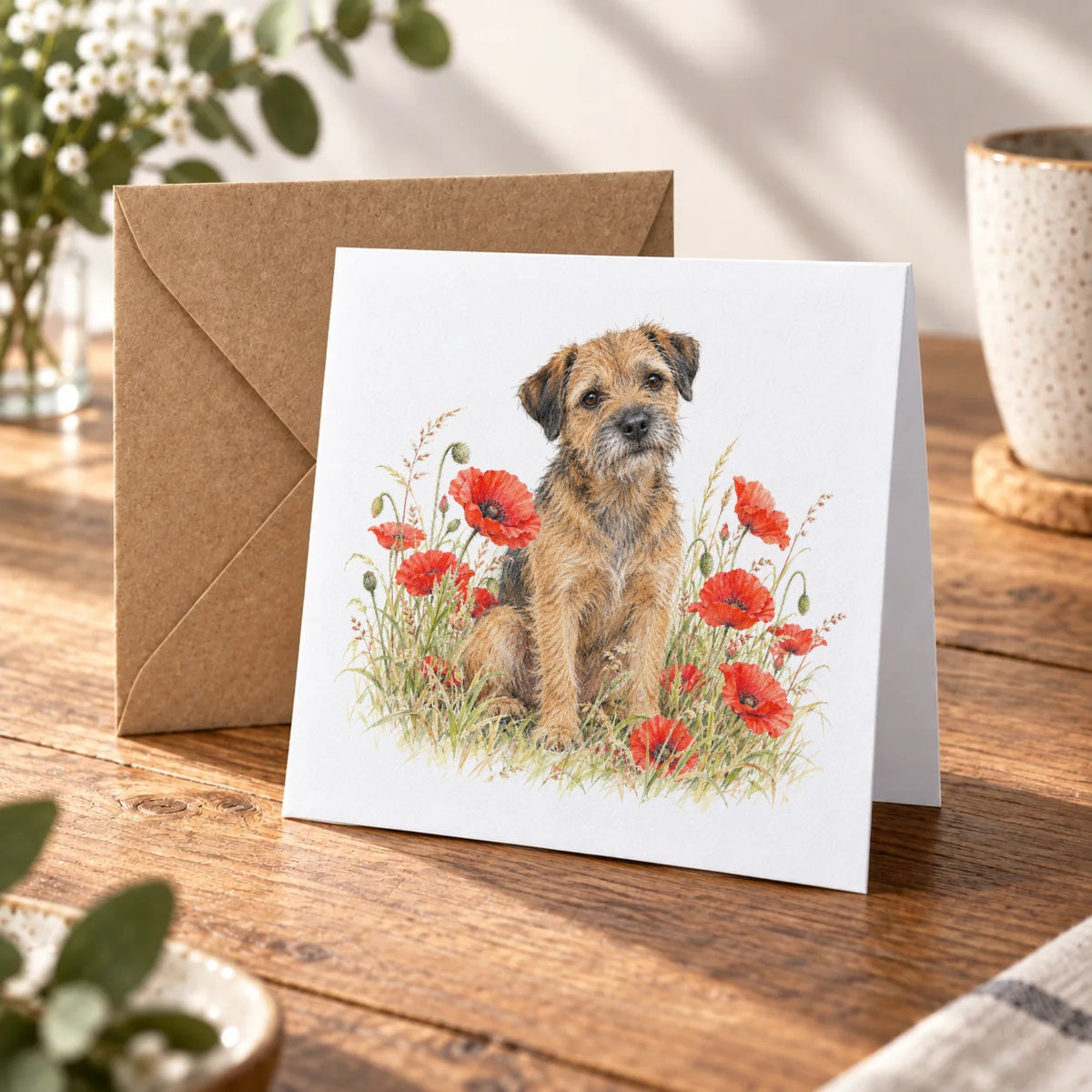 Border Terrier Among Scarlet Poppies Greeting Card – Warm Wood