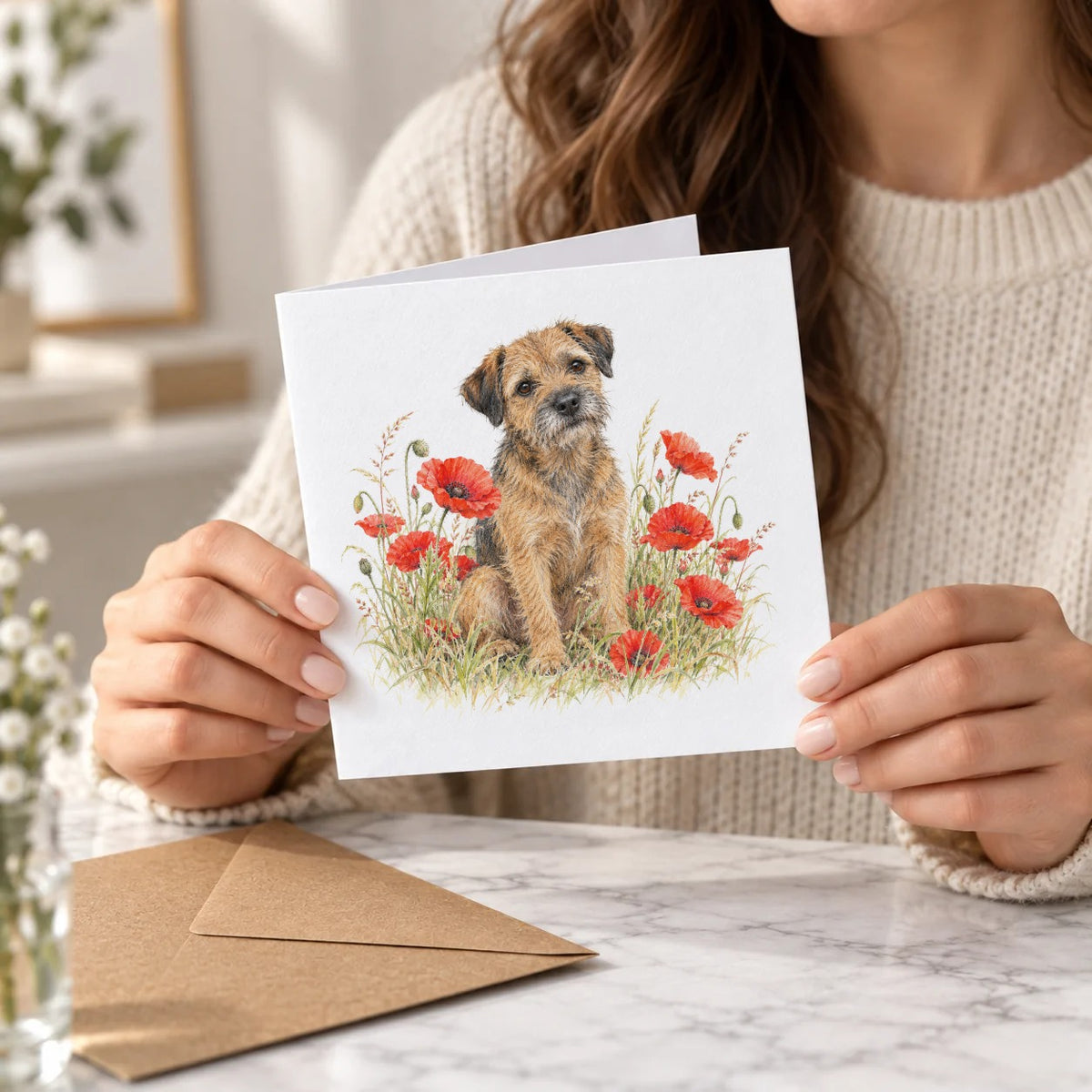 Border Terrier Among Scarlet Poppies Greeting Card – Held Card