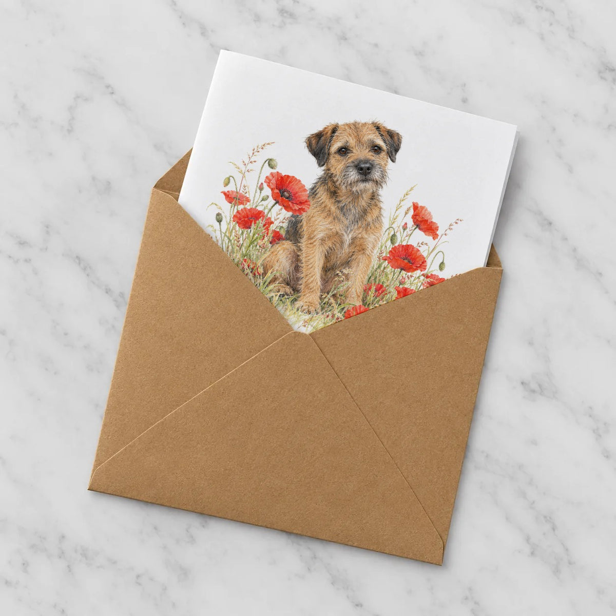 Border Terrier Among Scarlet Poppies Greeting Card – Half in Envelope