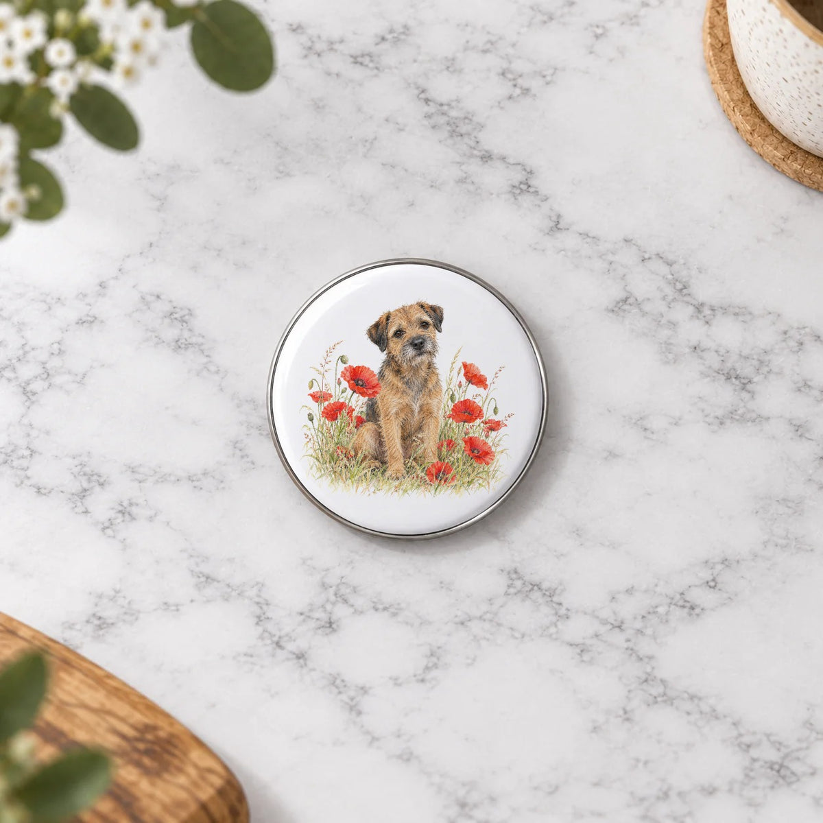 Border Terrier Among Scarlet Poppies Greeting Card – Small Badge