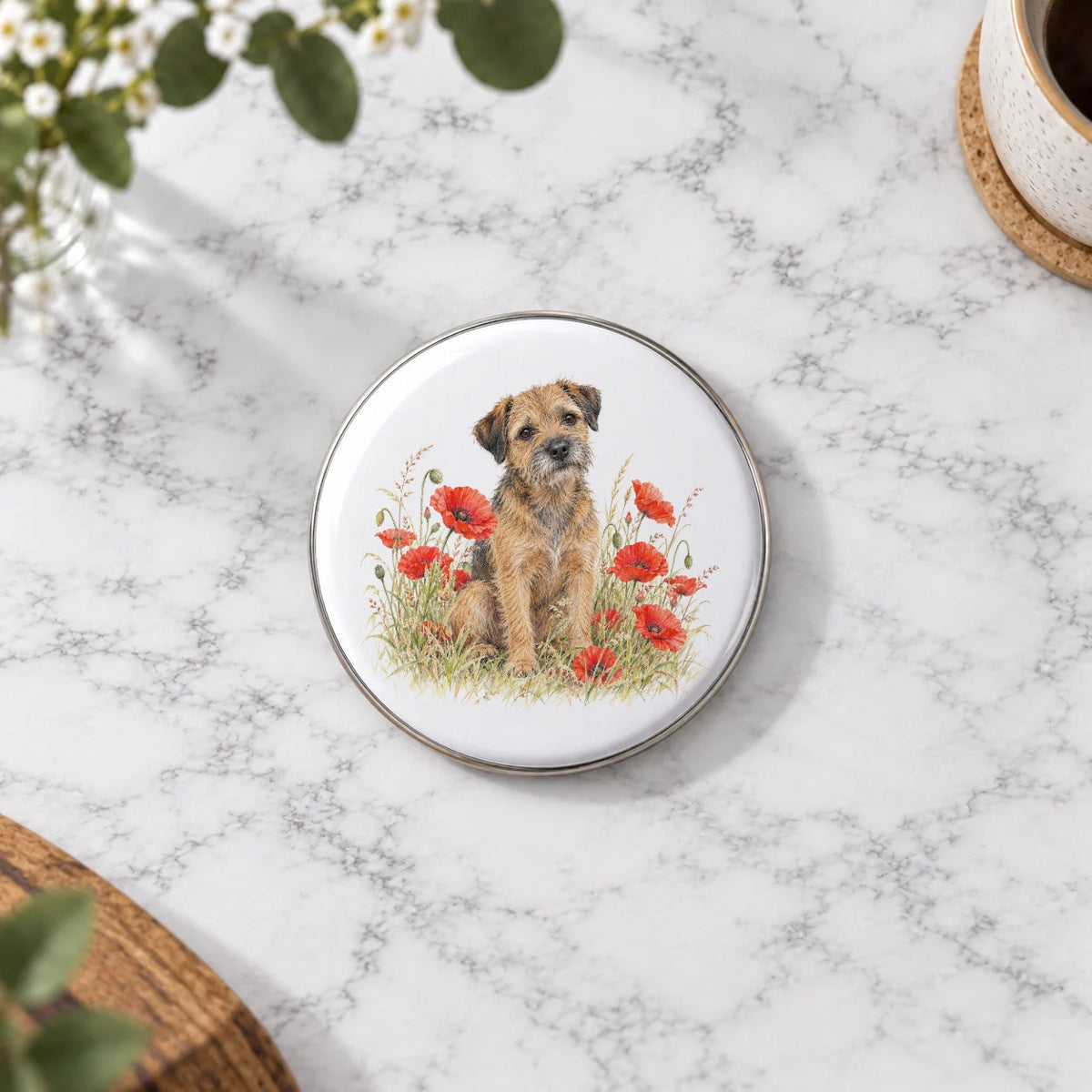 Border Terrier Among Scarlet Poppies Greeting Card – Large Badge