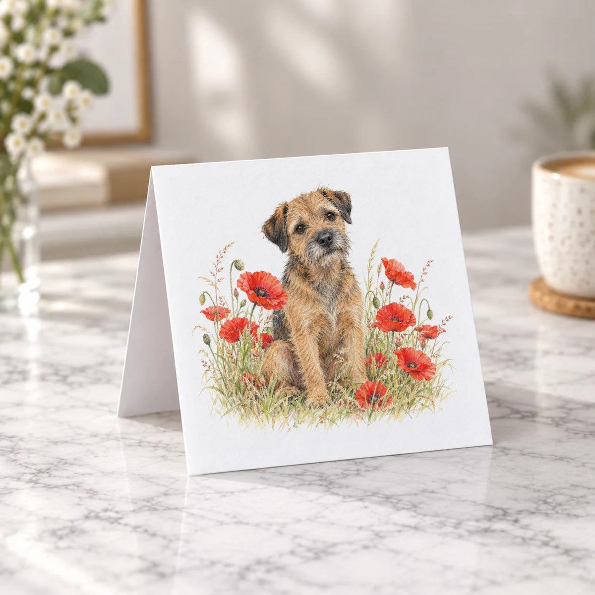 Border Terrier Among Scarlet Poppies Greeting Card – Tent Fold