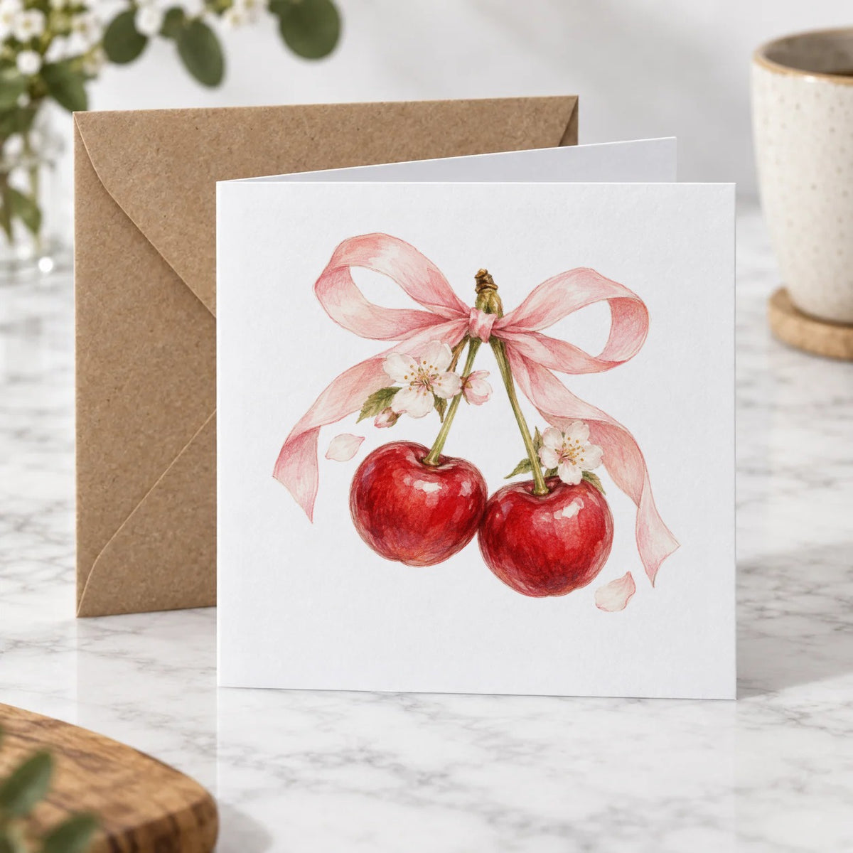 Cherries with a Pink Ribbon Bow Greeting Card – Hero