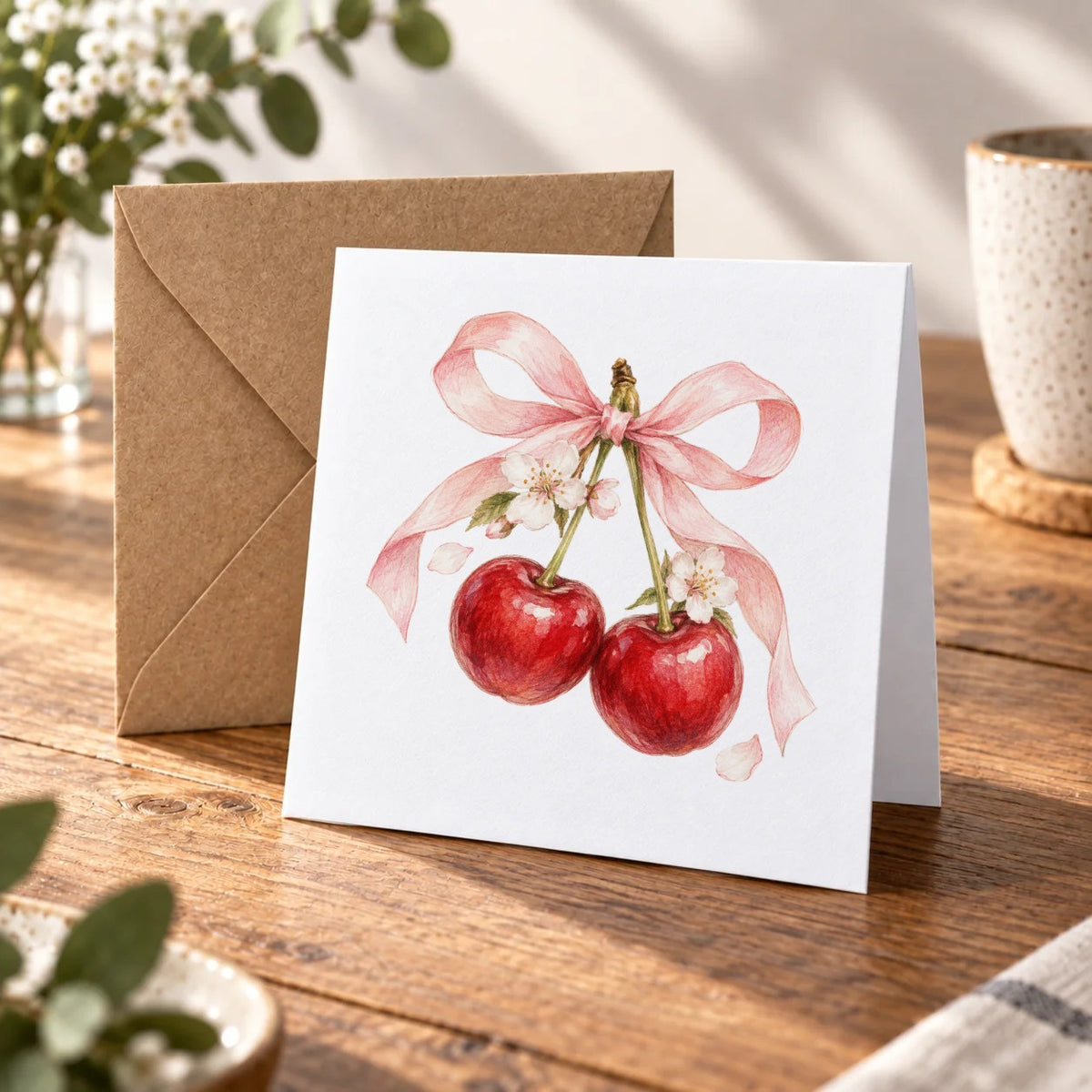 Cherries with a Pink Ribbon Bow Greeting Card – Warm Wood