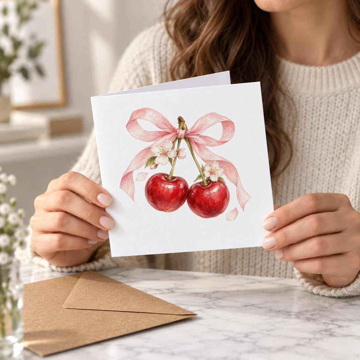 Cherries with a Pink Ribbon Bow Greeting Card – Held Card