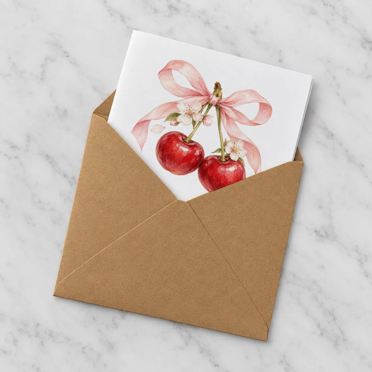Cherries with a Pink Ribbon Bow Greeting Card – Half in Envelope