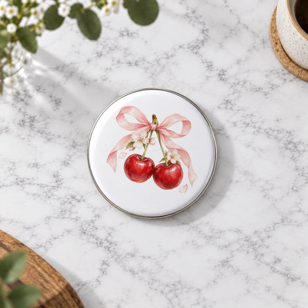 Cherries with a Pink Ribbon Bow Greeting Card – Large Badge