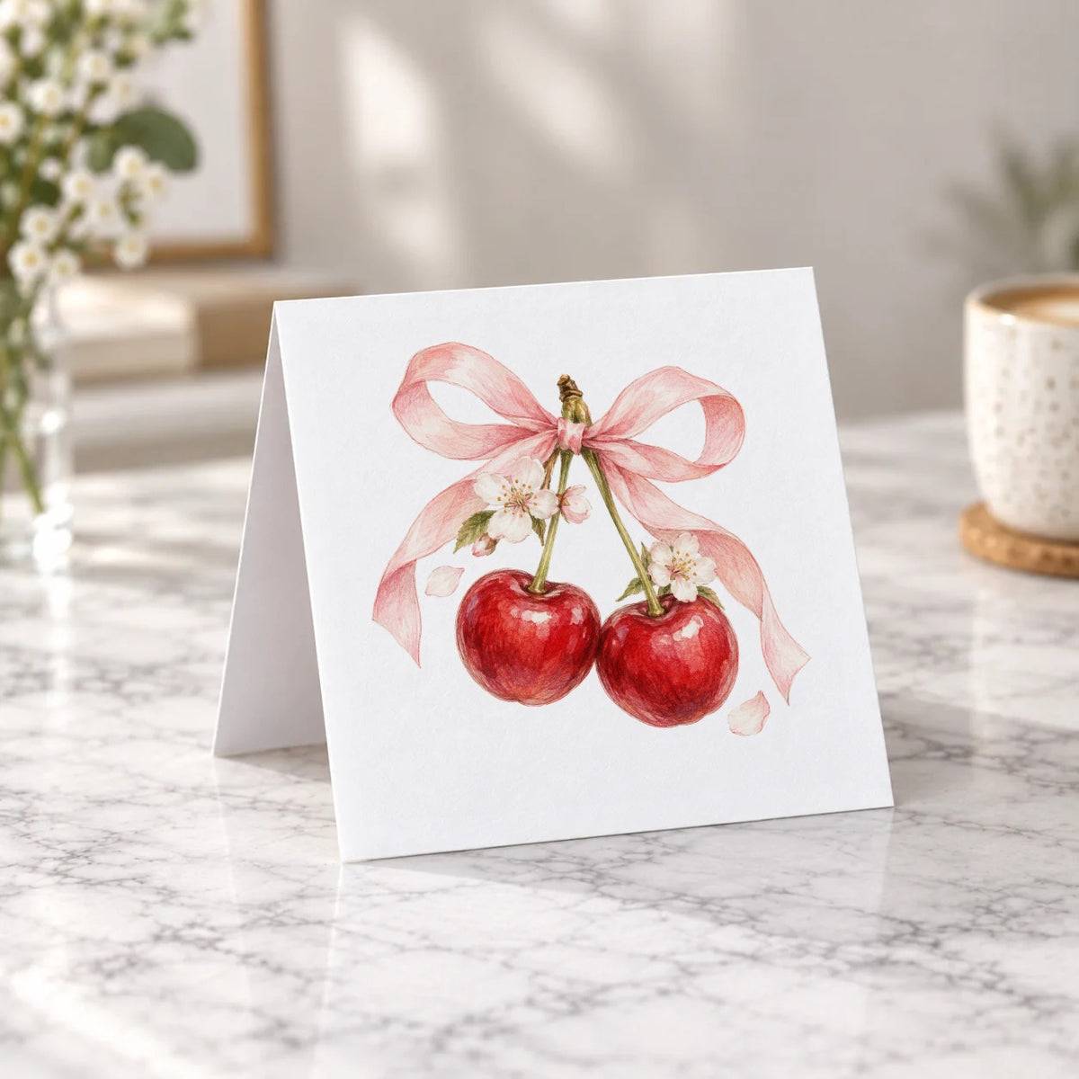 Cherries with a Pink Ribbon Bow Greeting Card – Tent Fold