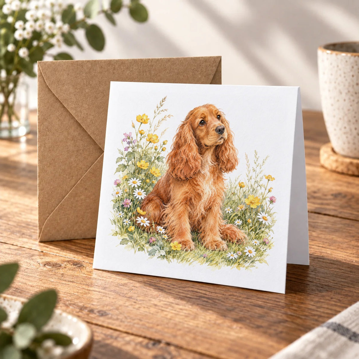Cocker Spaniel in Wildflowers Greeting Card – Warm Wood