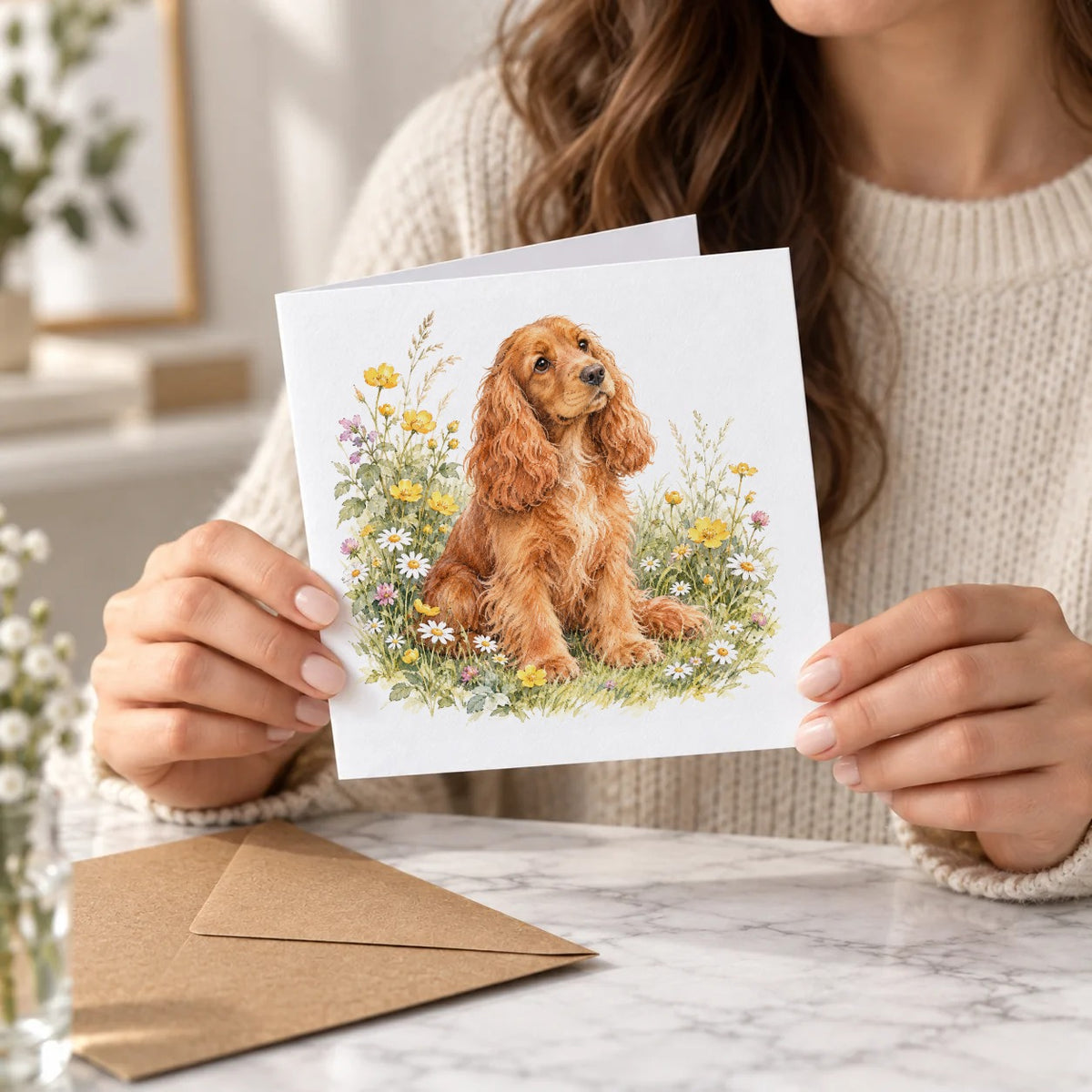 Cocker Spaniel in Wildflowers Greeting Card – Held Card