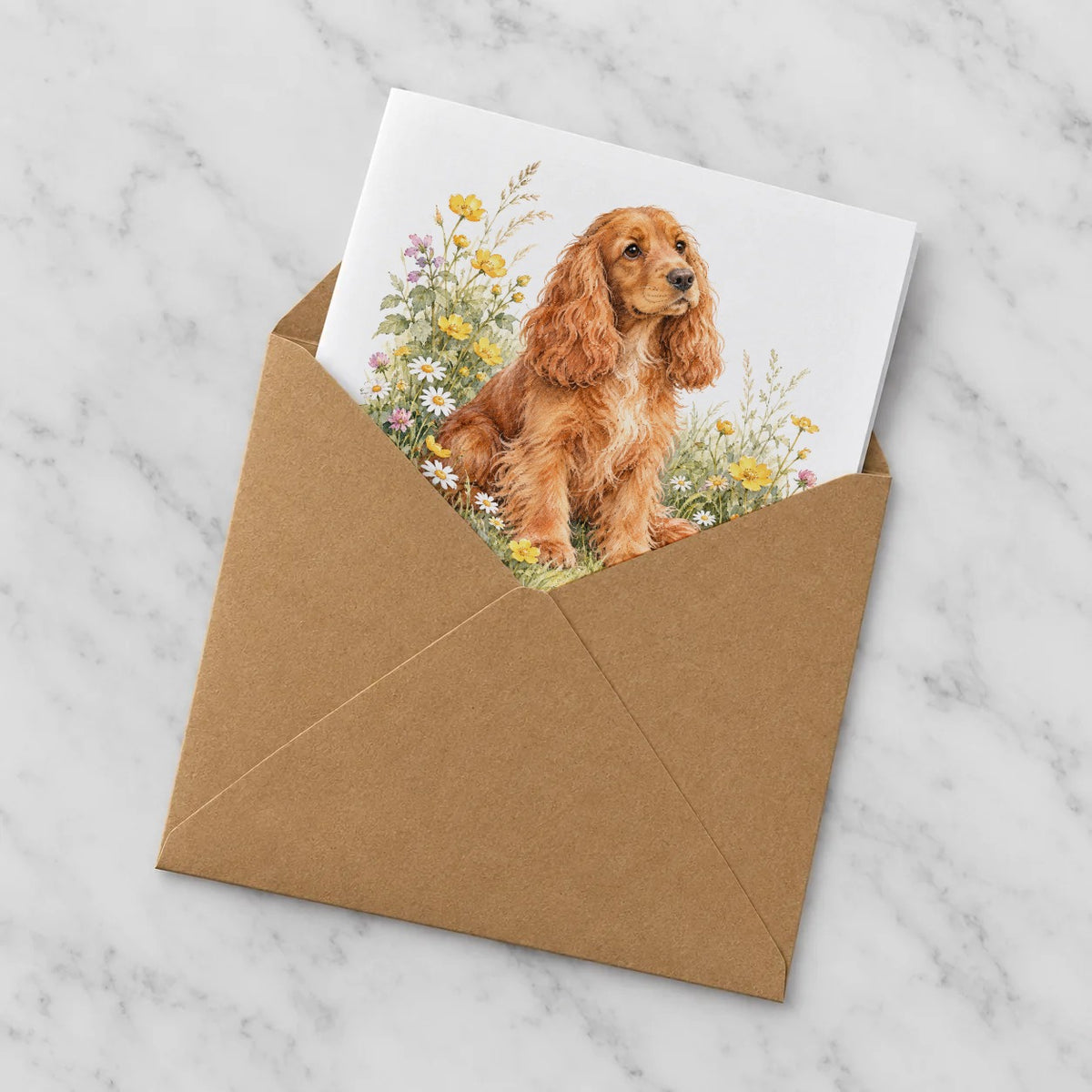 Cocker Spaniel in Wildflowers Greeting Card – Half in Envelope