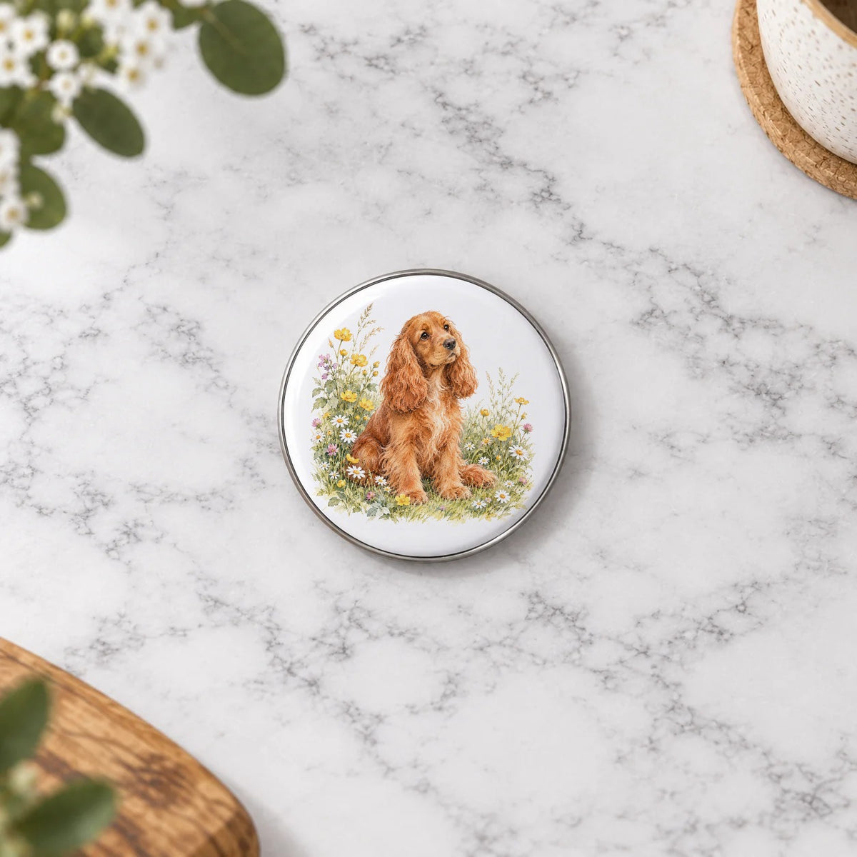 Cocker Spaniel in Wildflowers Greeting Card – Small Badge