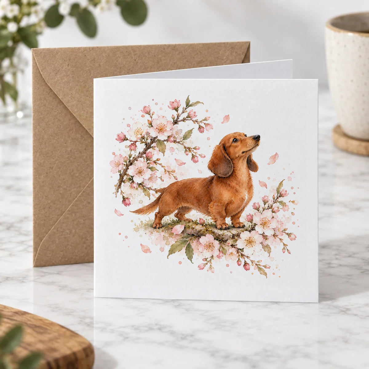 Dachshund Among Cherry Blossoms Greeting Card – Hero