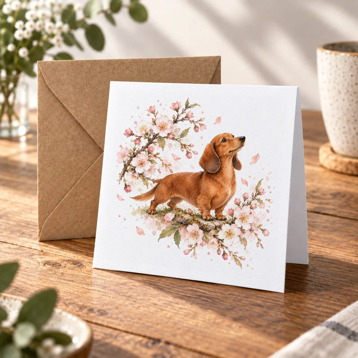 Dachshund Among Cherry Blossoms Greeting Card – Warm Wood