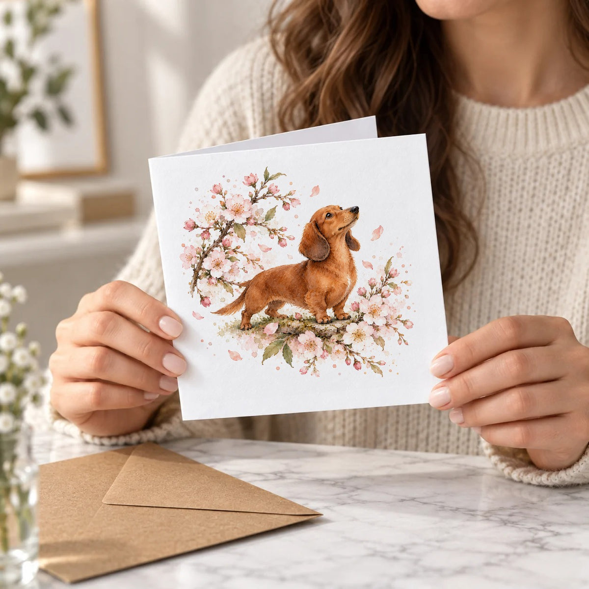 Dachshund Among Cherry Blossoms Greeting Card – Held Card