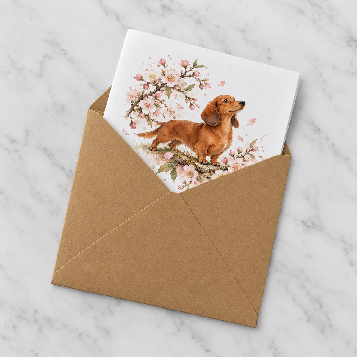 Dachshund Among Cherry Blossoms Greeting Card – Half in Envelope