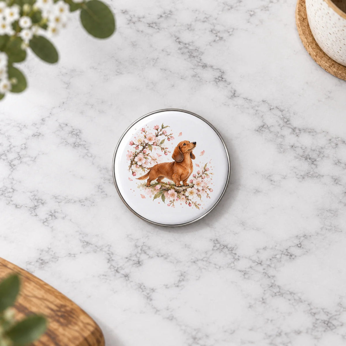 Dachshund Among Cherry Blossoms Greeting Card – Small Badge