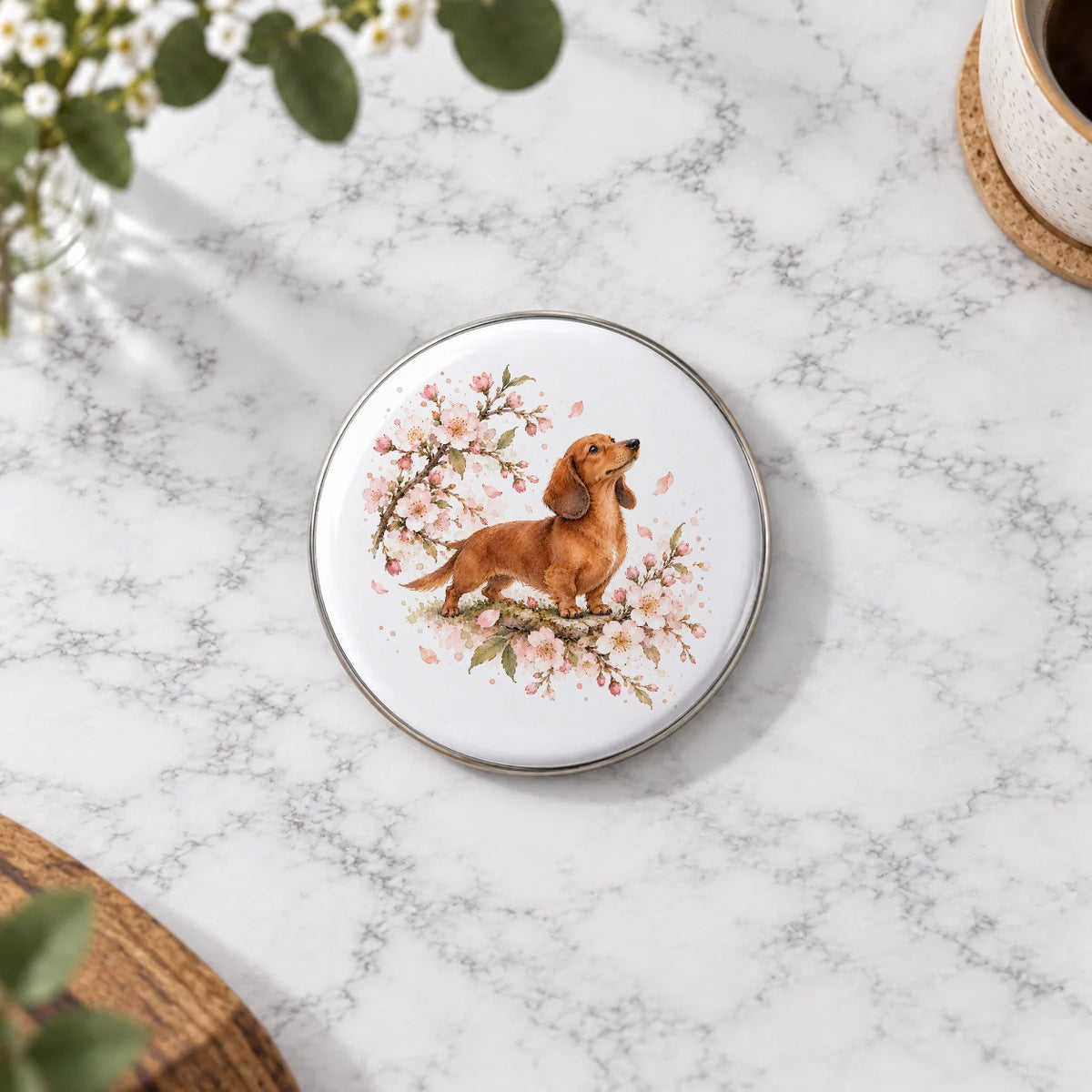 Dachshund Among Cherry Blossoms Greeting Card – Large Badge