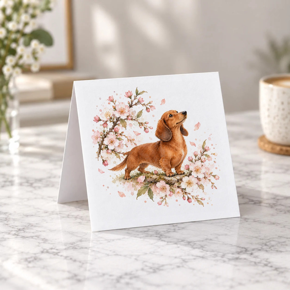 Dachshund Among Cherry Blossoms Greeting Card – Tent Fold