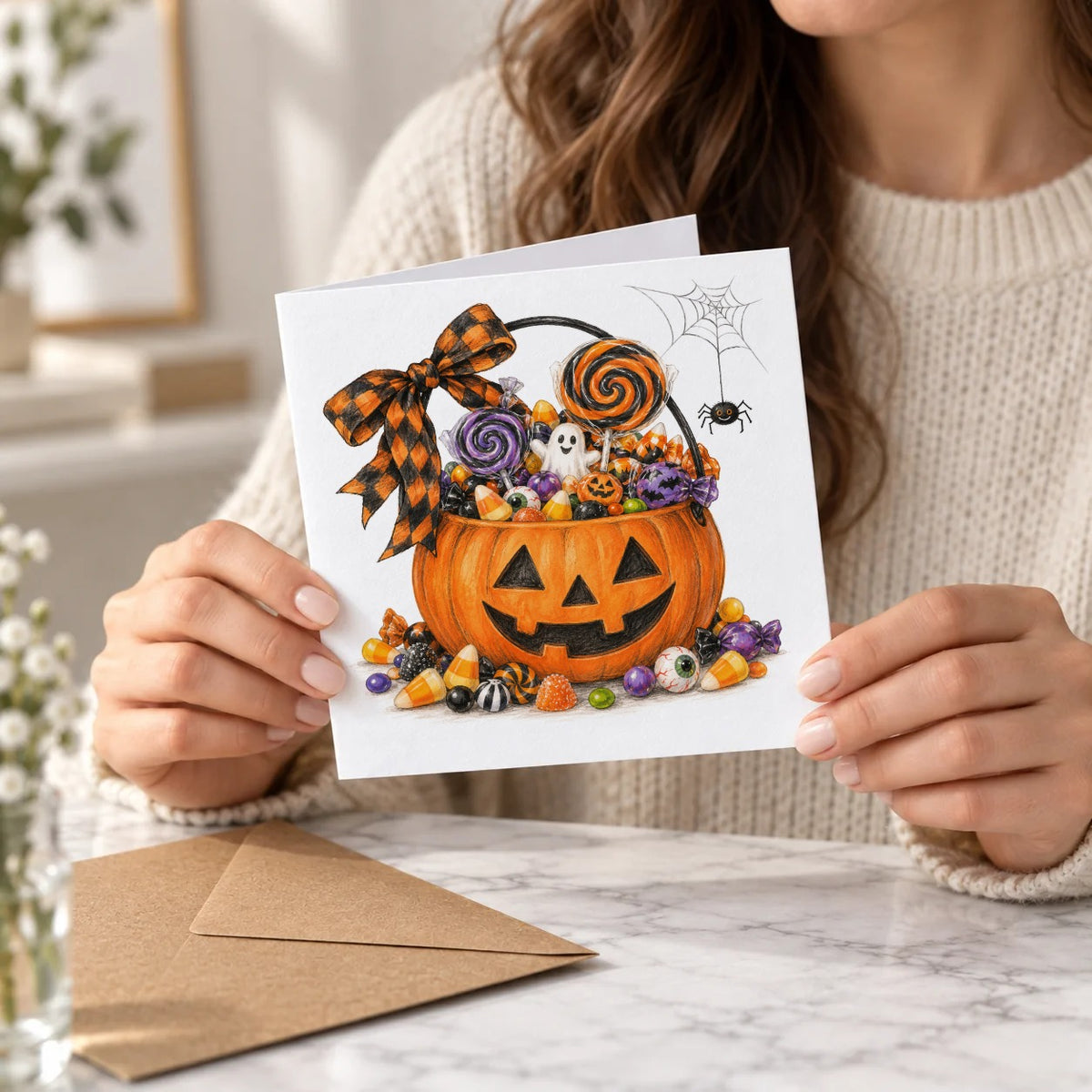 Dark Halloween - Classic Halloween Candy Bucket Greeting Card – Held Card