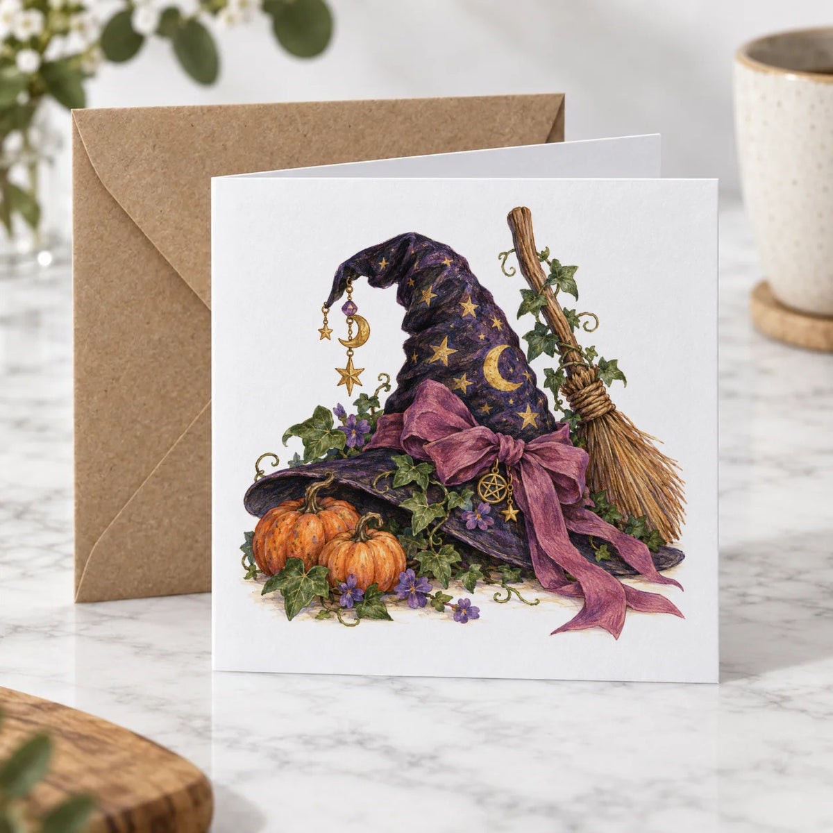 Dark Halloween - Dark Starry Witch Hat and Broom Greeting Card – Hero