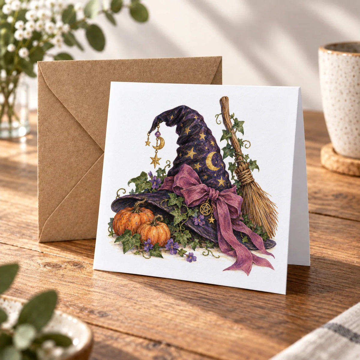 Dark Halloween - Dark Starry Witch Hat and Broom Greeting Card – Warm Wood