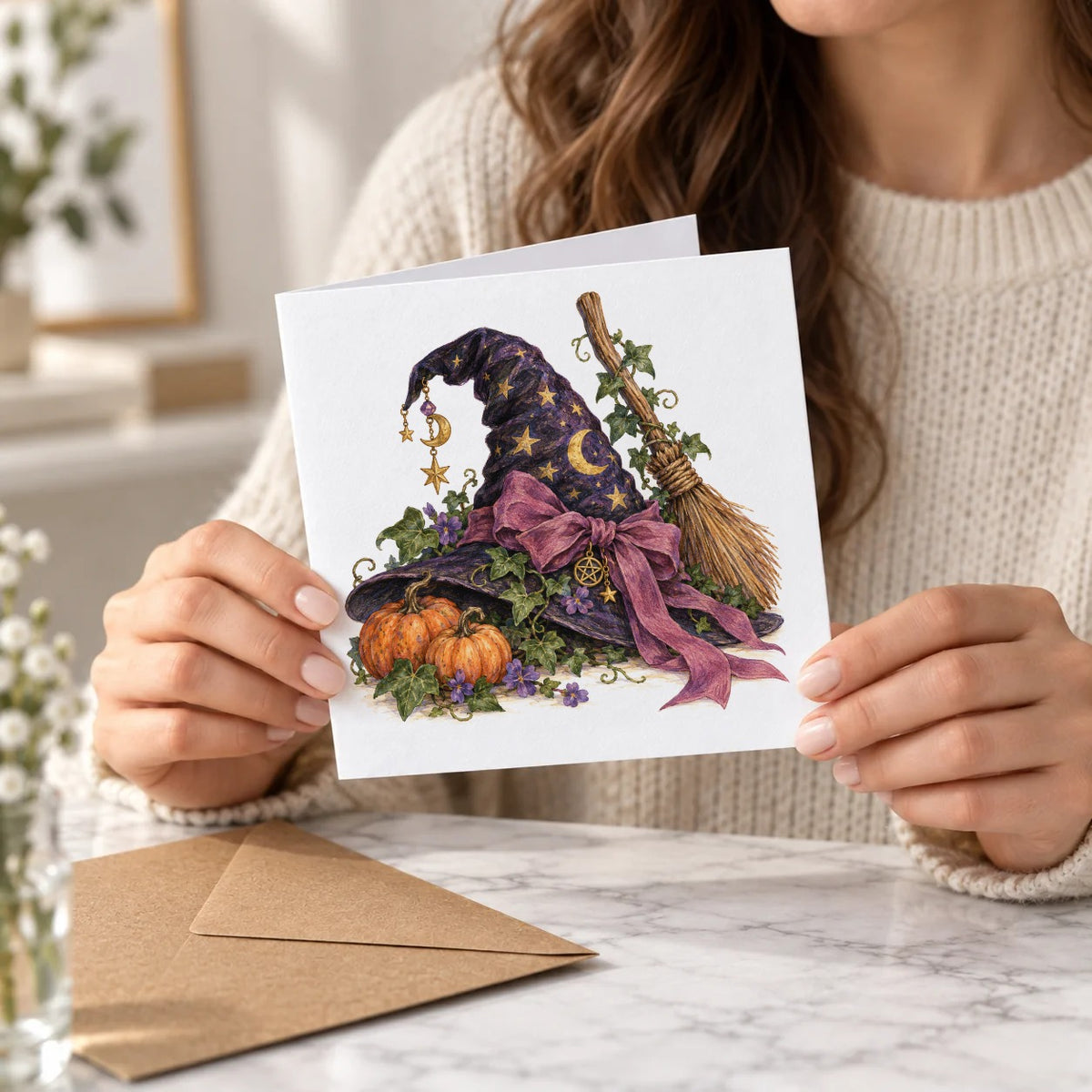 Dark Halloween - Dark Starry Witch Hat and Broom Greeting Card – Held Card