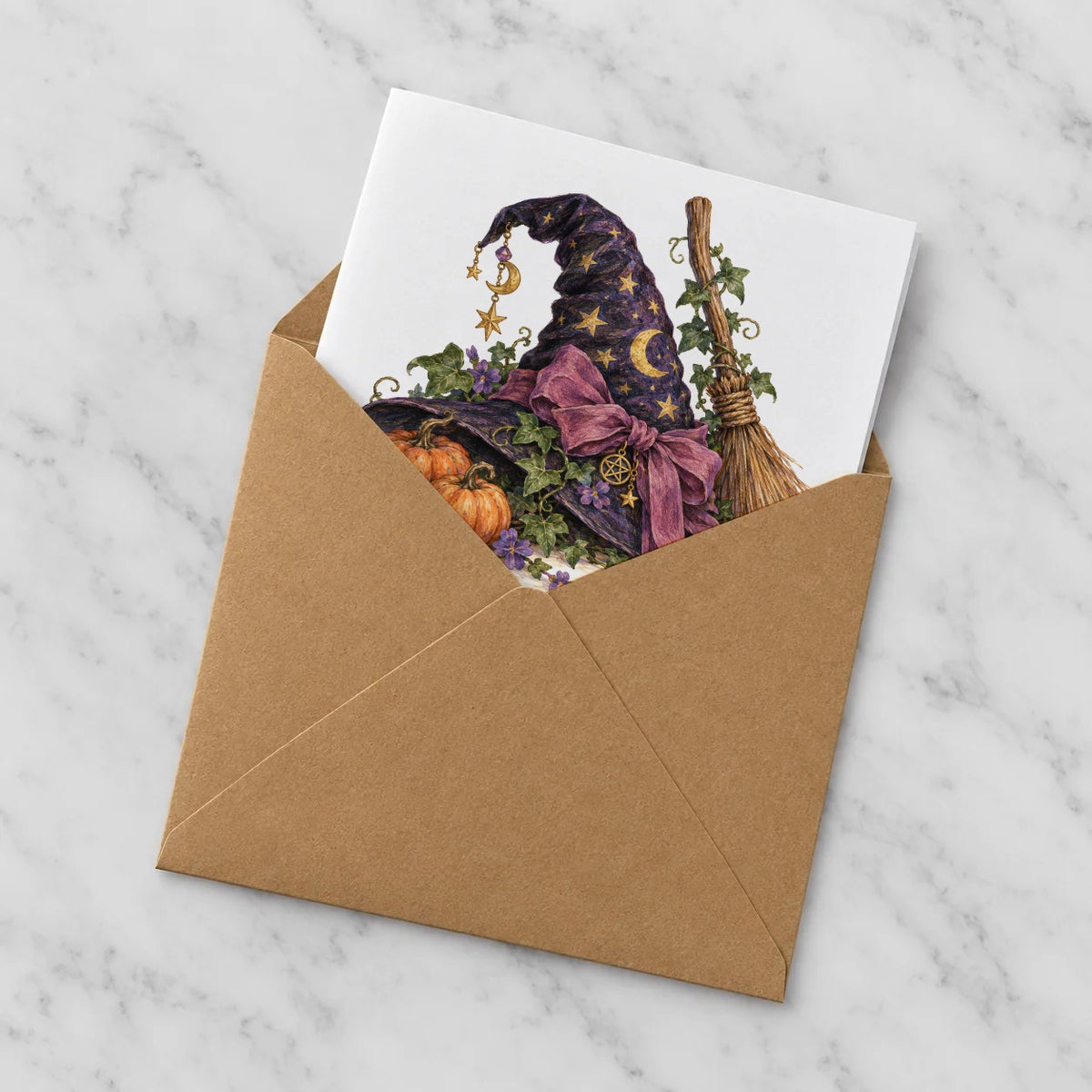Dark Halloween - Dark Starry Witch Hat and Broom Greeting Card – Half in Envelope
