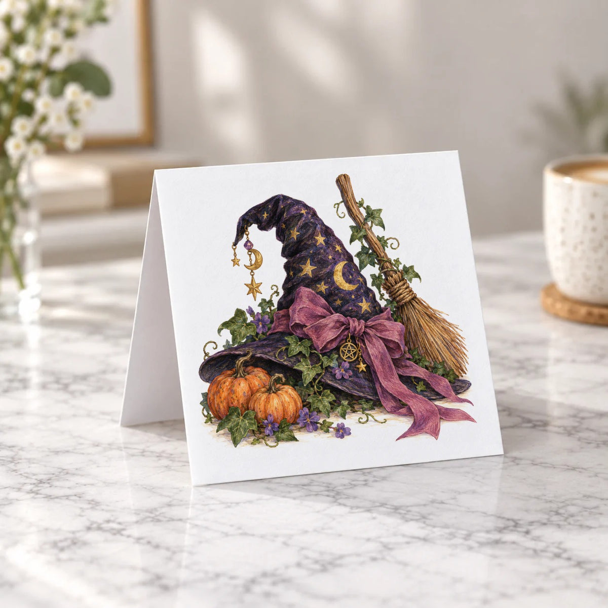 Dark Halloween - Dark Starry Witch Hat and Broom Greeting Card – Tent Fold