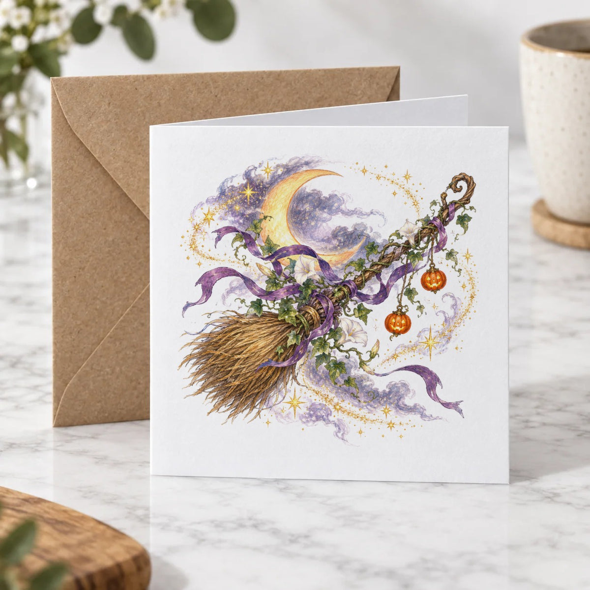 Dark Halloween - Enchanted Broom under Crescent Moon Greeting Card – Hero