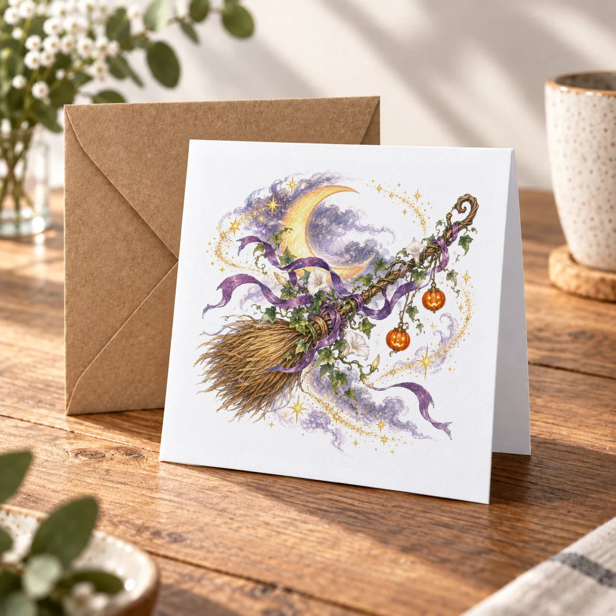 Dark Halloween - Enchanted Broom under Crescent Moon Greeting Card – Warm Wood