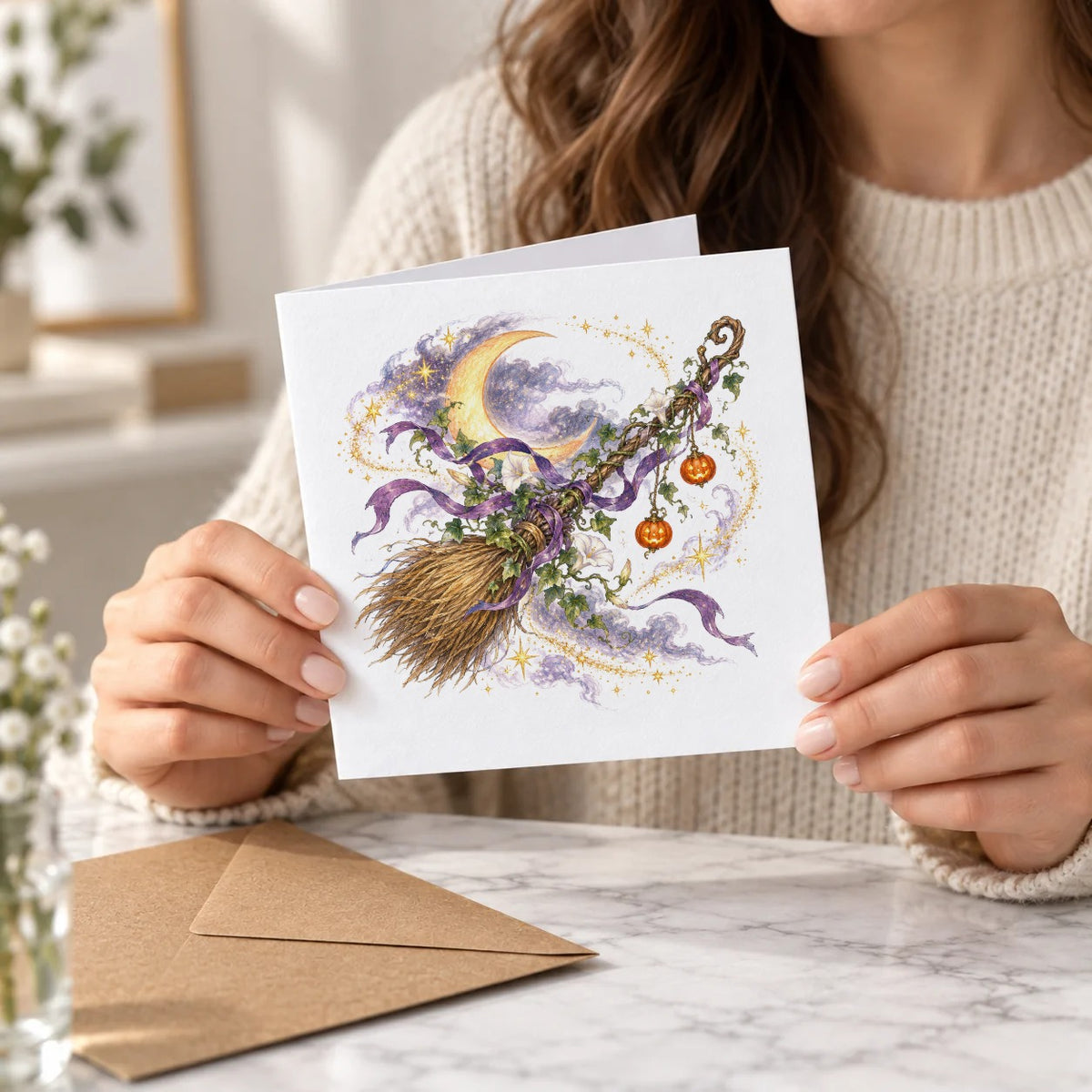Dark Halloween - Enchanted Broom under Crescent Moon Greeting Card – Held Card