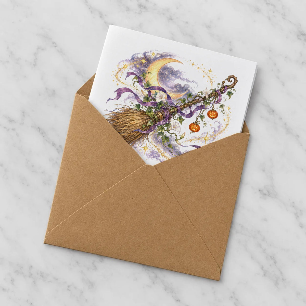 Dark Halloween - Enchanted Broom under Crescent Moon Greeting Card – Half in Envelope