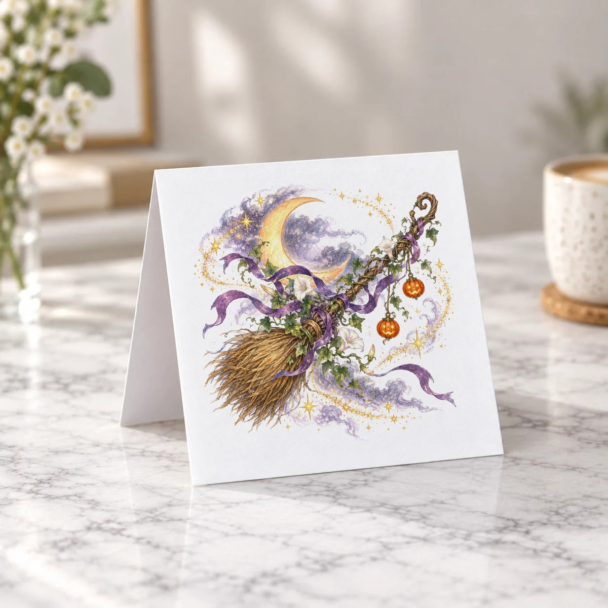 Dark Halloween - Enchanted Broom under Crescent Moon Greeting Card – Tent Fold