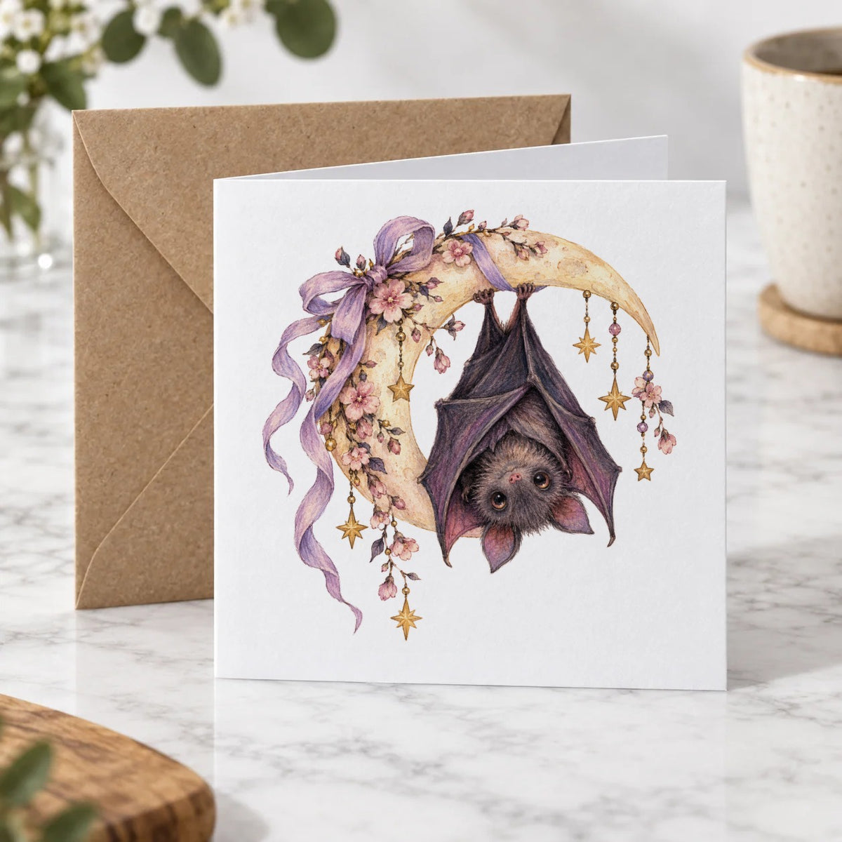 Dark Halloween - Floral Bat Hanging from Crescent Moon Greeting Card – Hero
