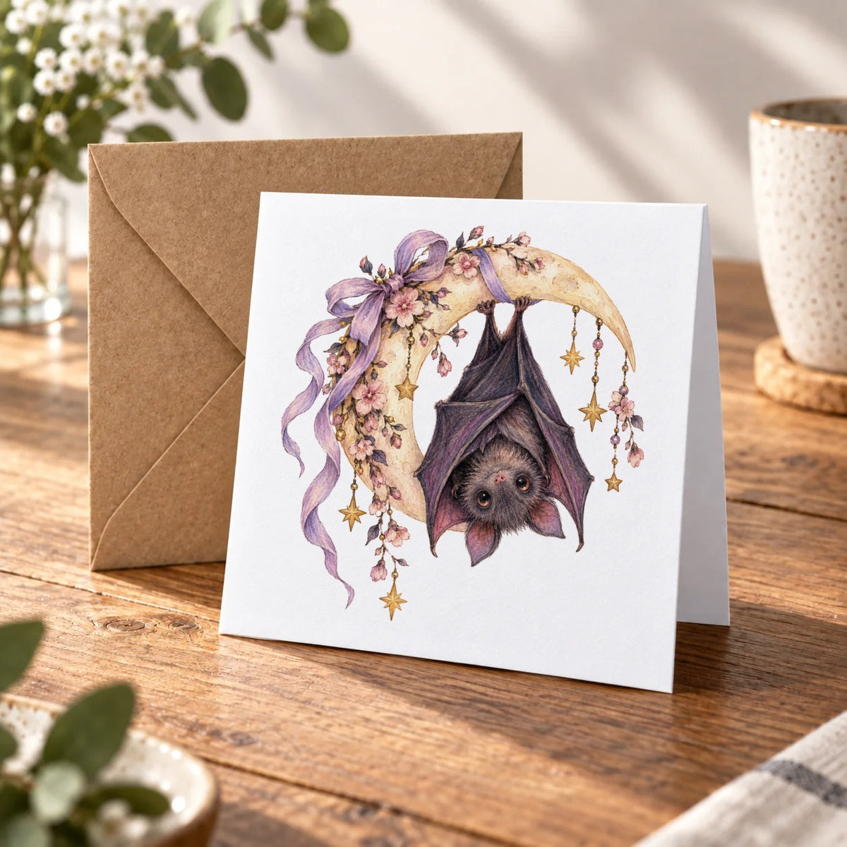 Dark Halloween - Floral Bat Hanging from Crescent Moon Greeting Card – Warm Wood