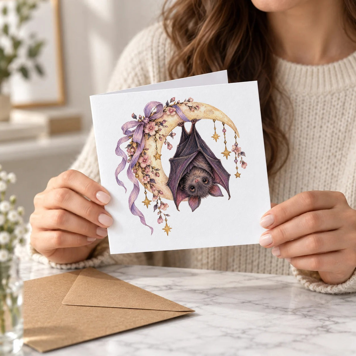 Dark Halloween - Floral Bat Hanging from Crescent Moon Greeting Card – Held Card