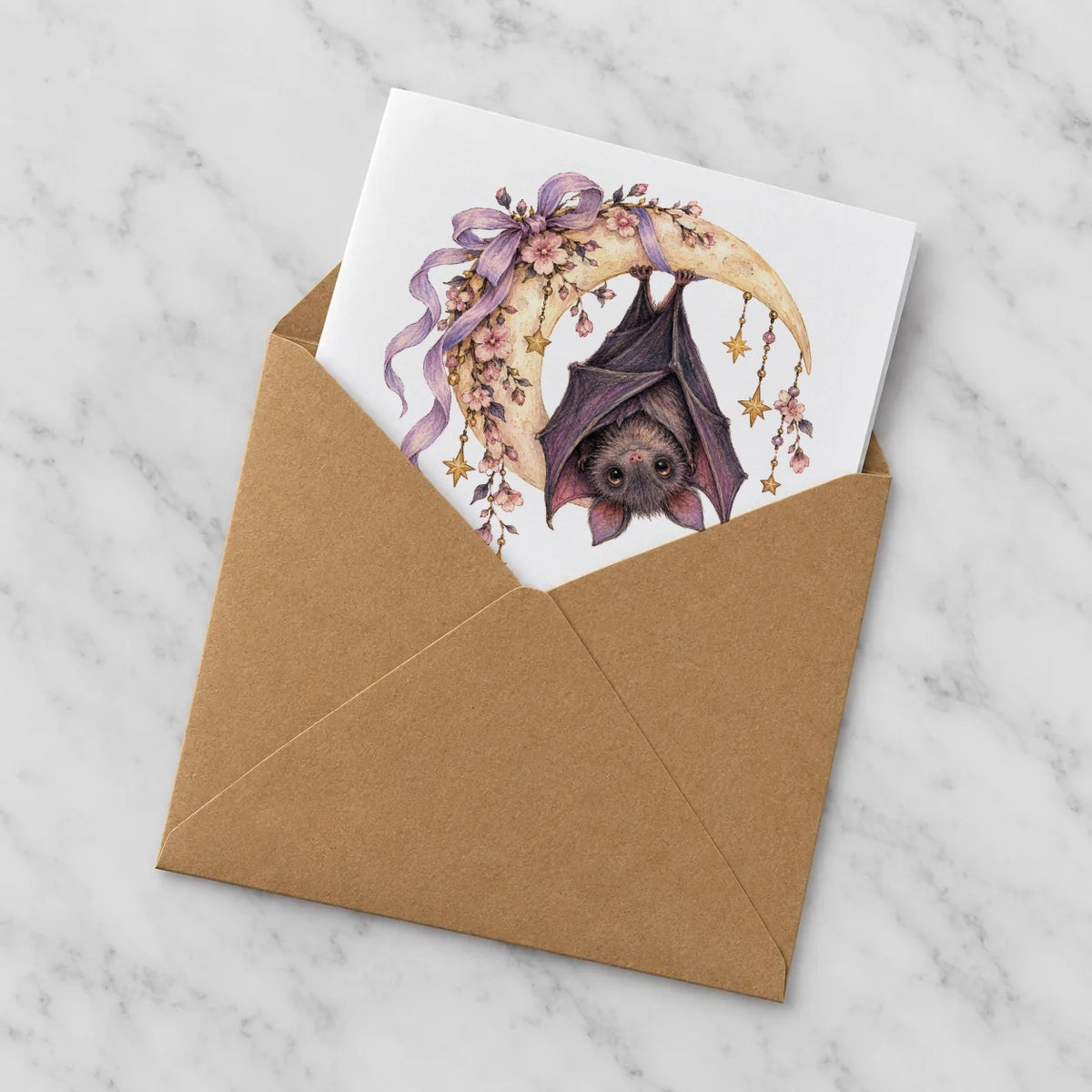 Dark Halloween - Floral Bat Hanging from Crescent Moon Greeting Card – Half in Envelope