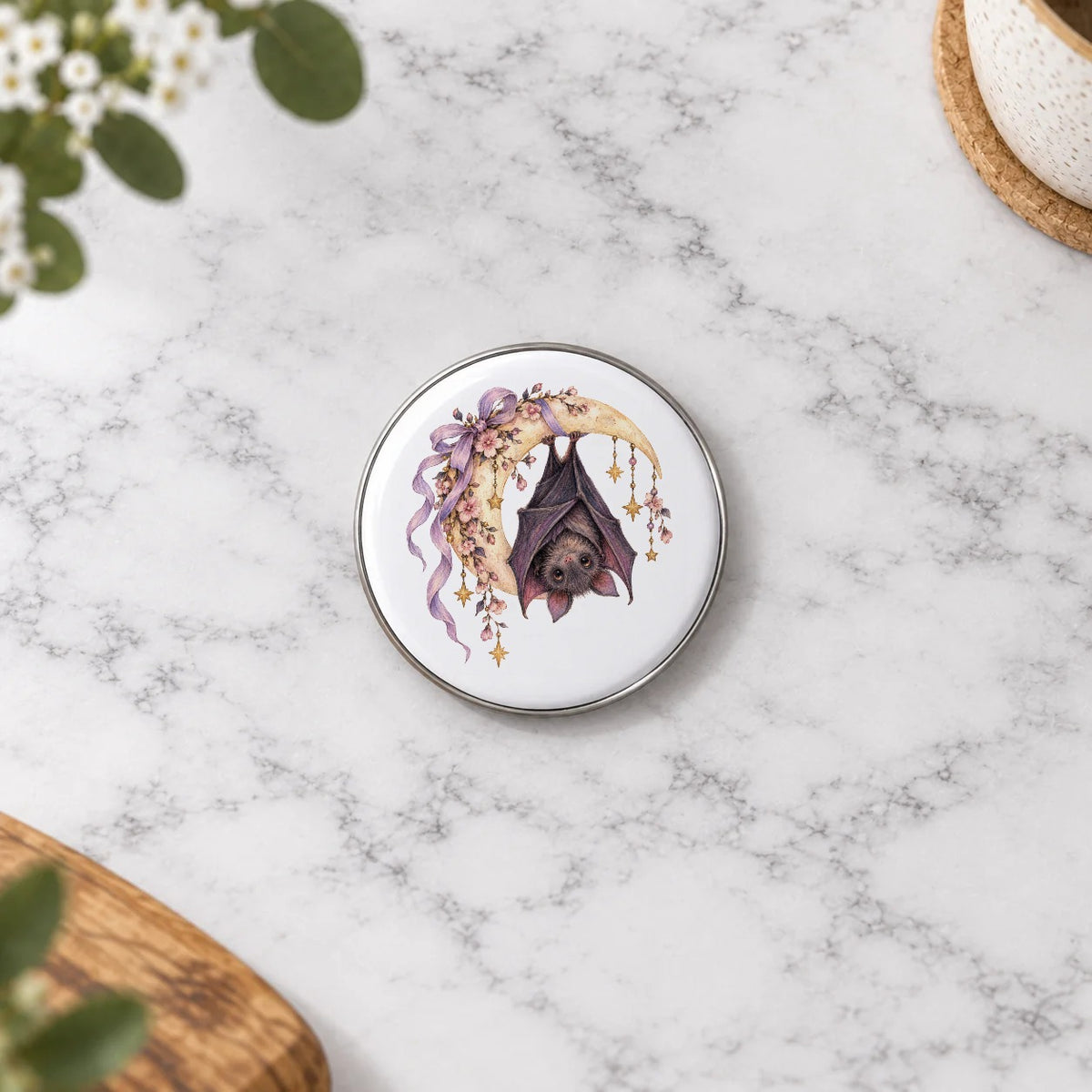 Dark Halloween - Floral Bat Hanging from Crescent Moon Greeting Card – Small Badge