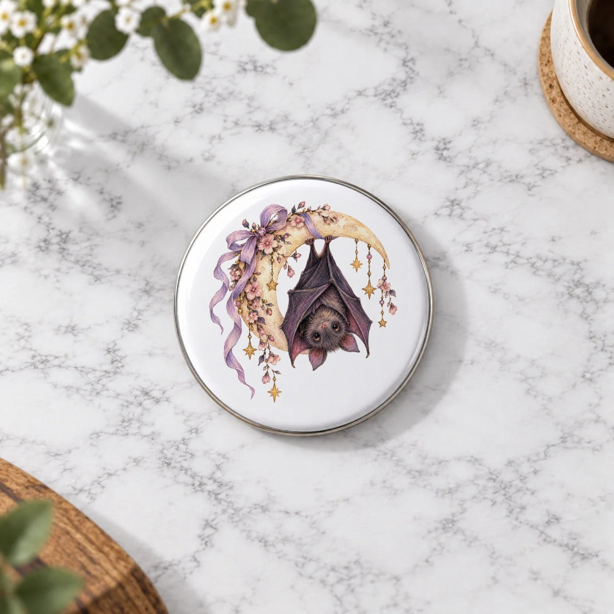 Dark Halloween - Floral Bat Hanging from Crescent Moon Greeting Card – Large Badge