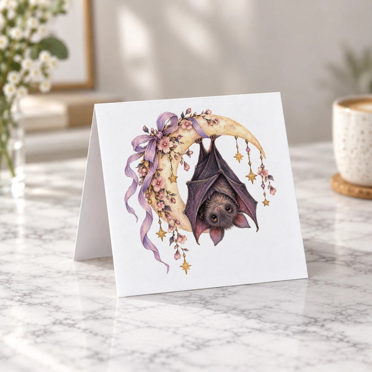 Dark Halloween - Floral Bat Hanging from Crescent Moon Greeting Card – Tent Fold