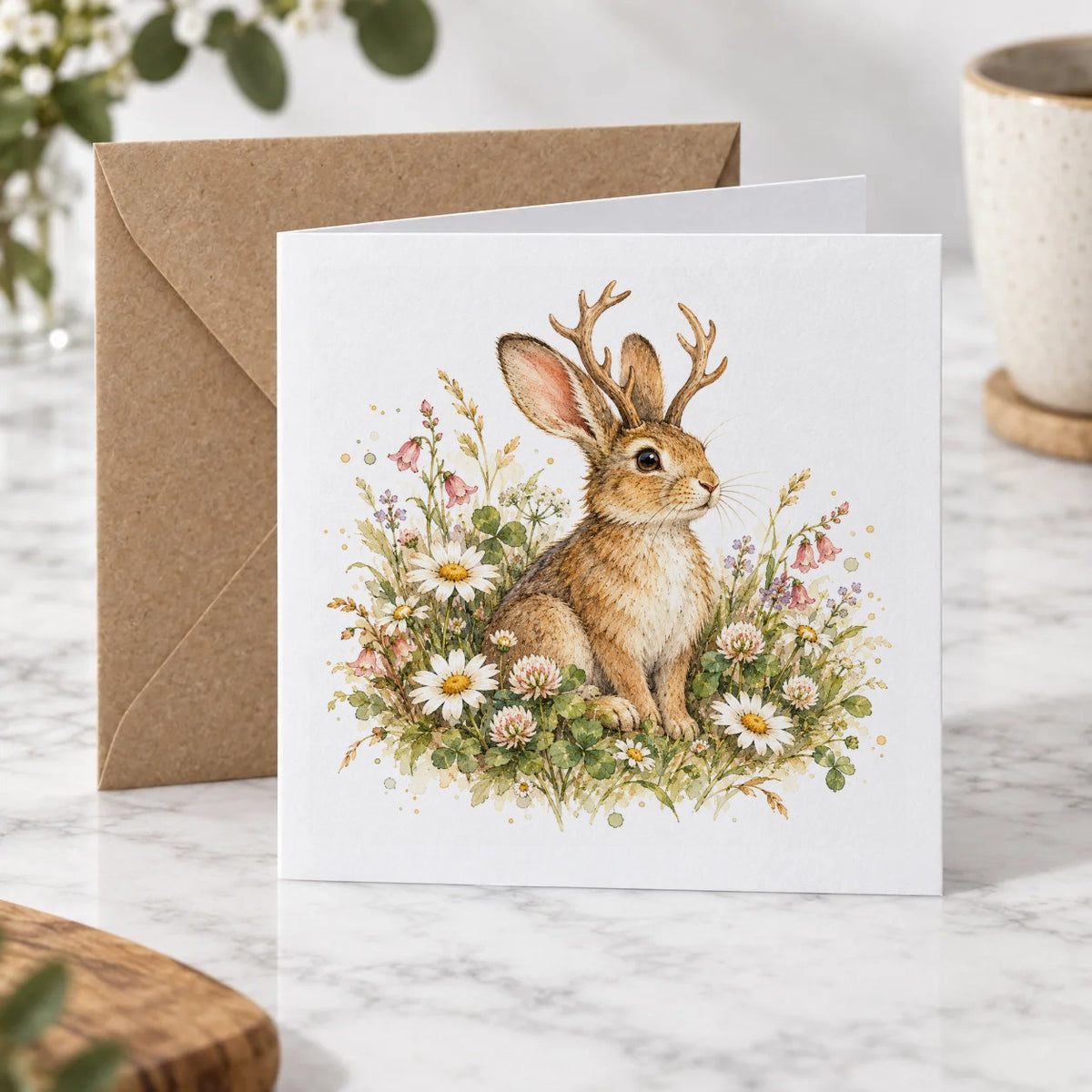 Enchanted Folklore - Antlered Hare in Wildflowers Greeting Card – Hero