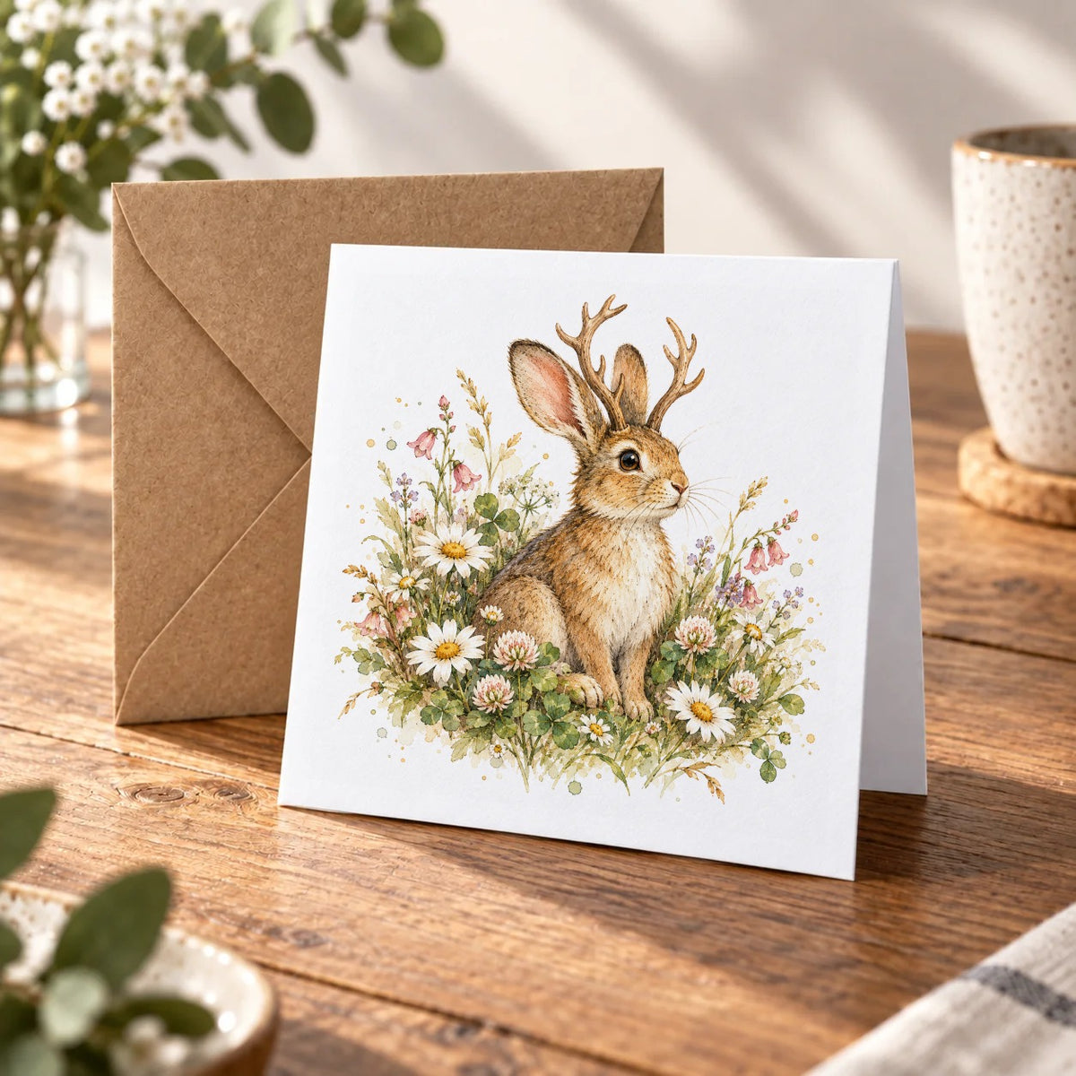 Enchanted Folklore - Antlered Hare in Wildflowers Greeting Card – Warm Wood