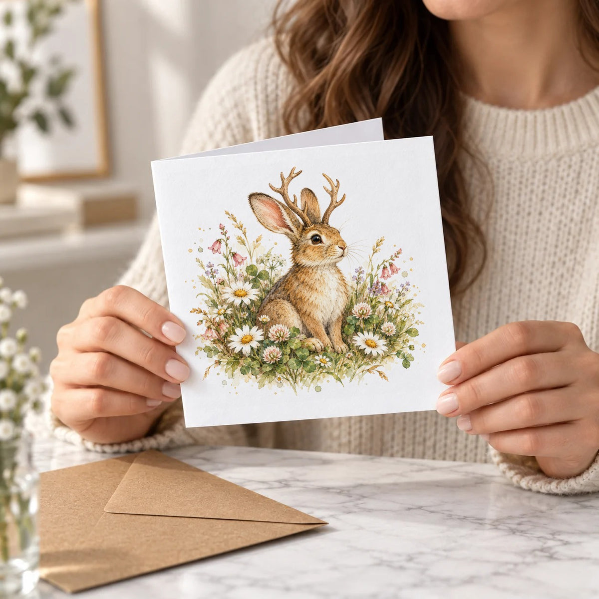 Enchanted Folklore - Antlered Hare in Wildflowers Greeting Card – Held Card