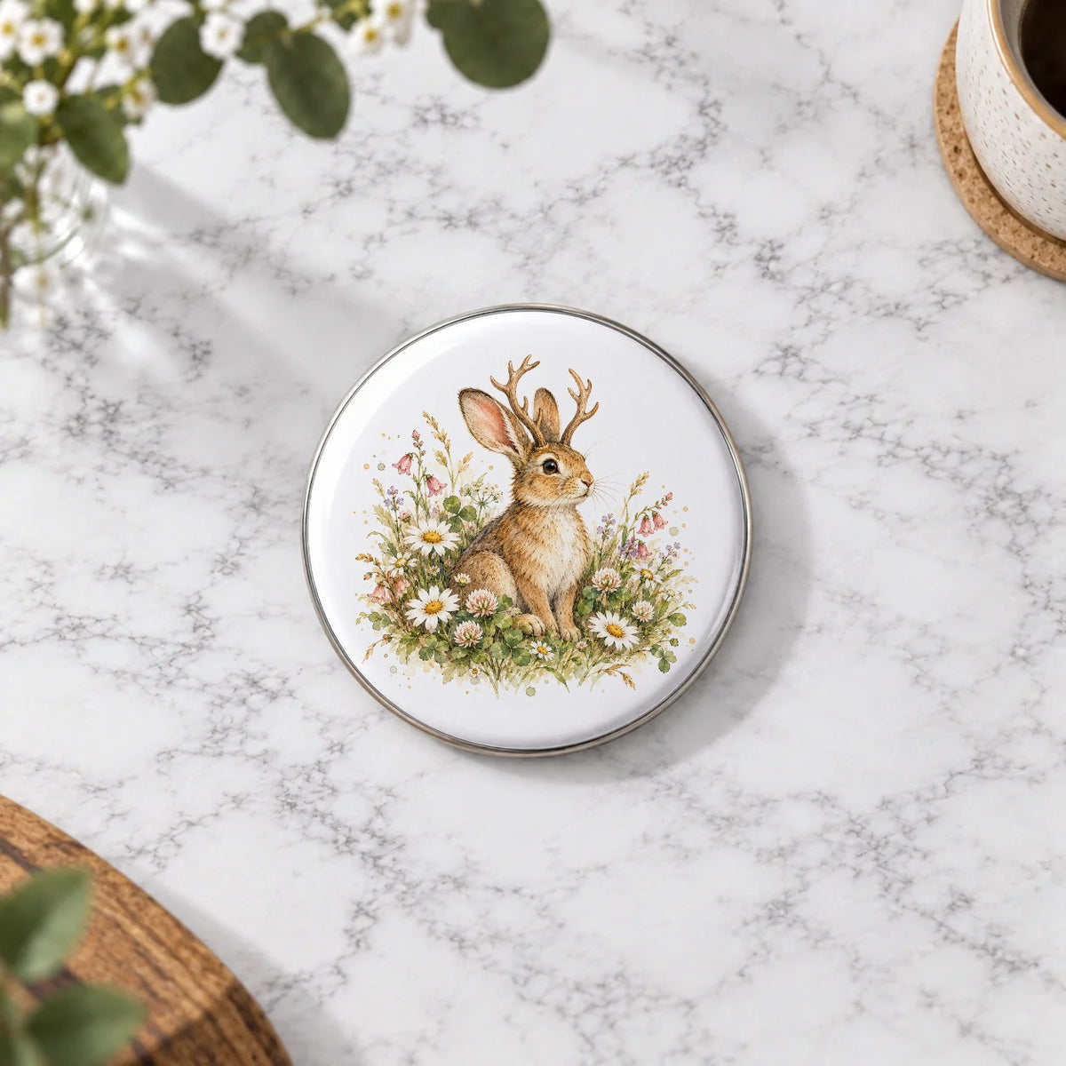 Enchanted Folklore - Antlered Hare in Wildflowers Greeting Card – Large Badge