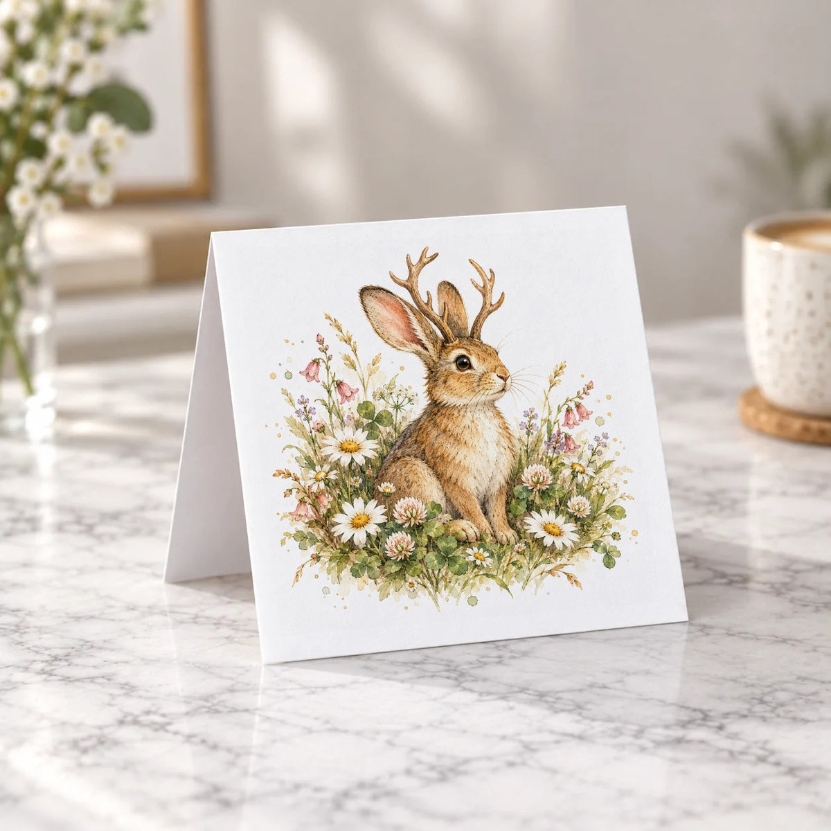 Enchanted Folklore - Antlered Hare in Wildflowers Greeting Card – Tent Fold