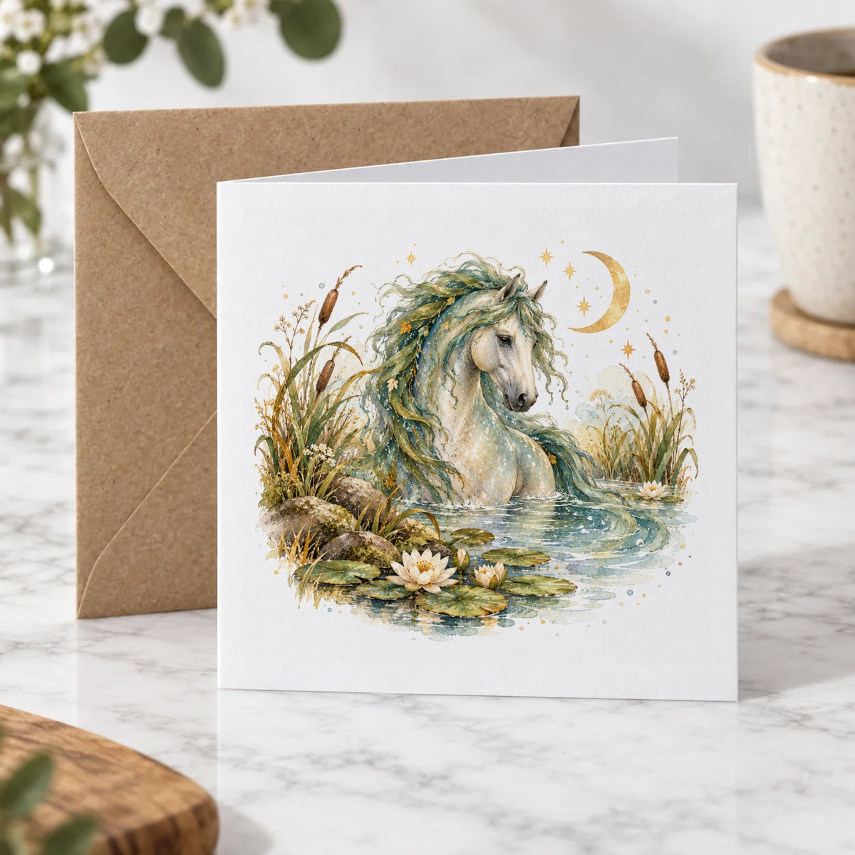 Enchanted Folklore - Moonlit Kelpie in Water Lilies Greeting Card – Hero