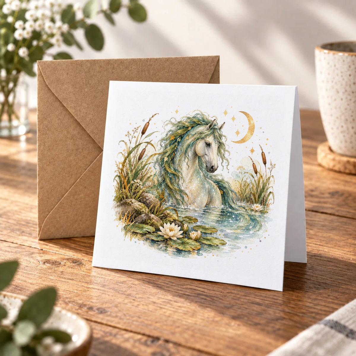 Enchanted Folklore - Moonlit Kelpie in Water Lilies Greeting Card – Warm Wood